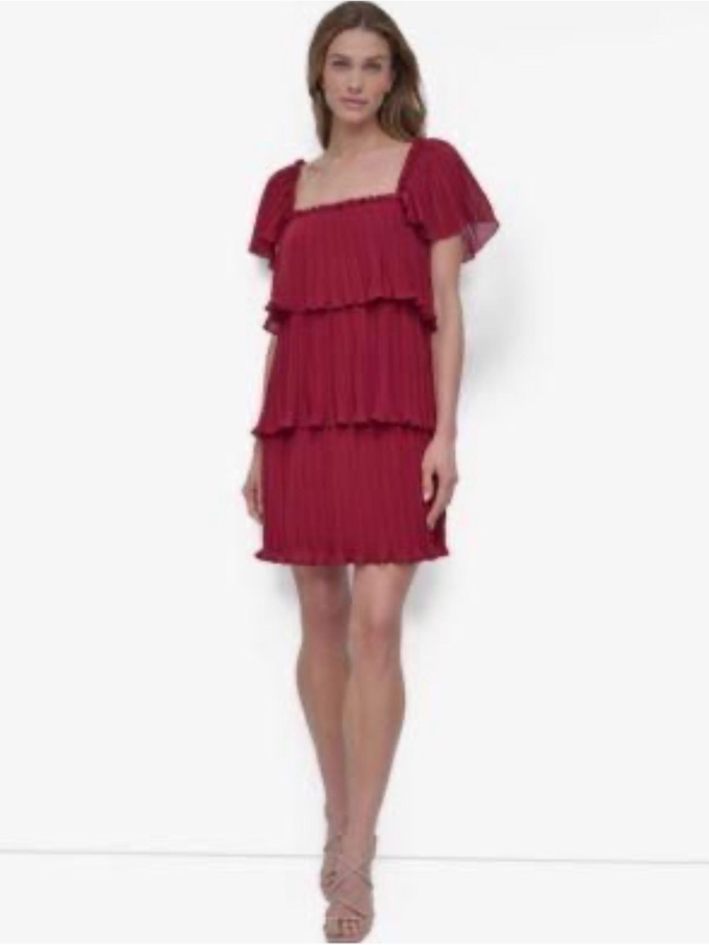 DKNY Square-Neck Pleated Tiered Mini Dress